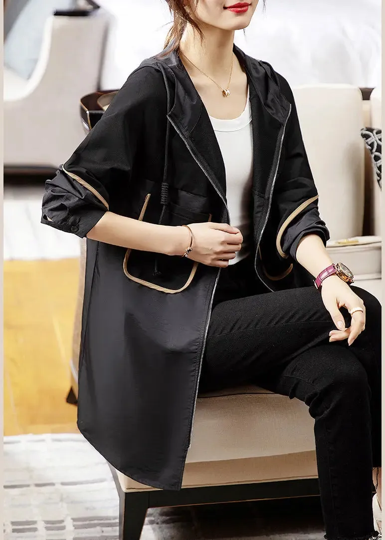 Loose Black Hooded Pockets Patchwork Cotton Trench Coat Long Sleeve ML0994