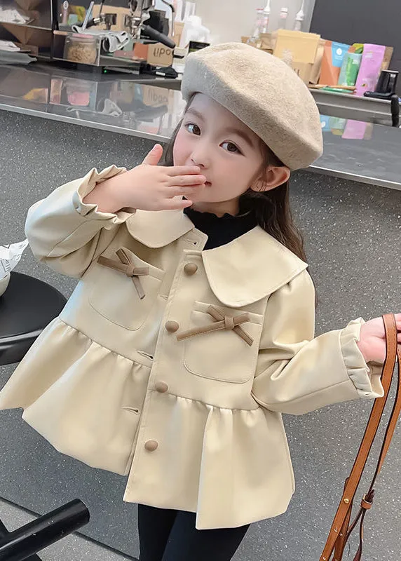 Lovely Khaki Peter Pan Collar Wrinkled Button Kids Trench Coats Fall QV030