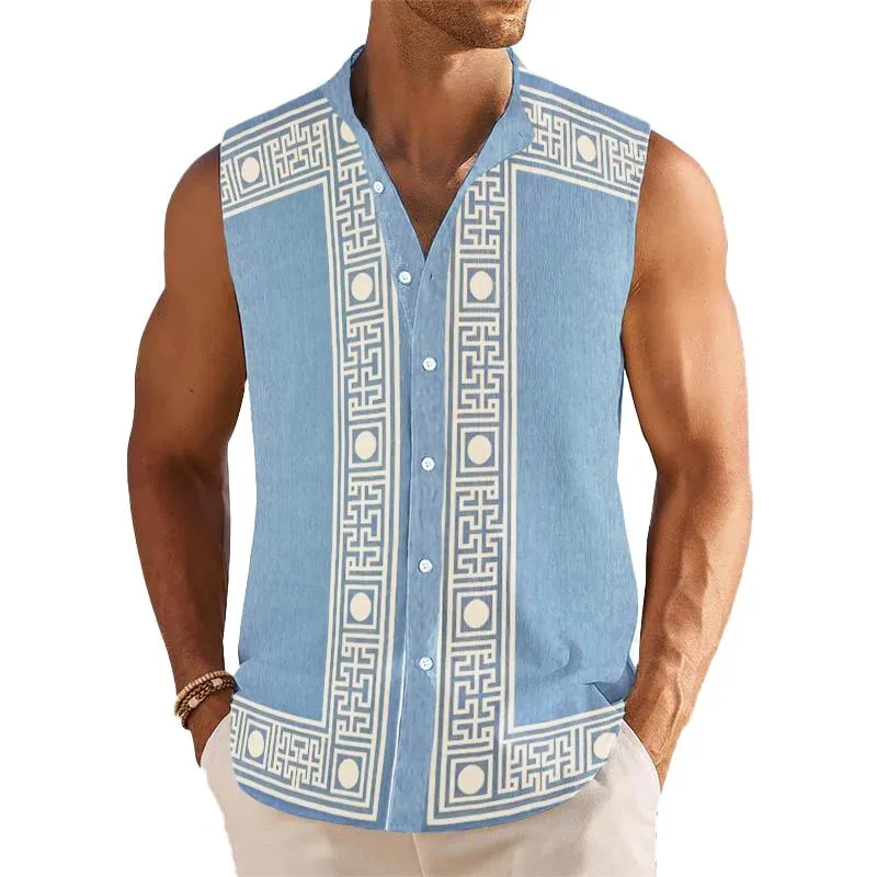 Men's Breathable Linen Lapel Beach Sleeveless Shirt 18316389YM