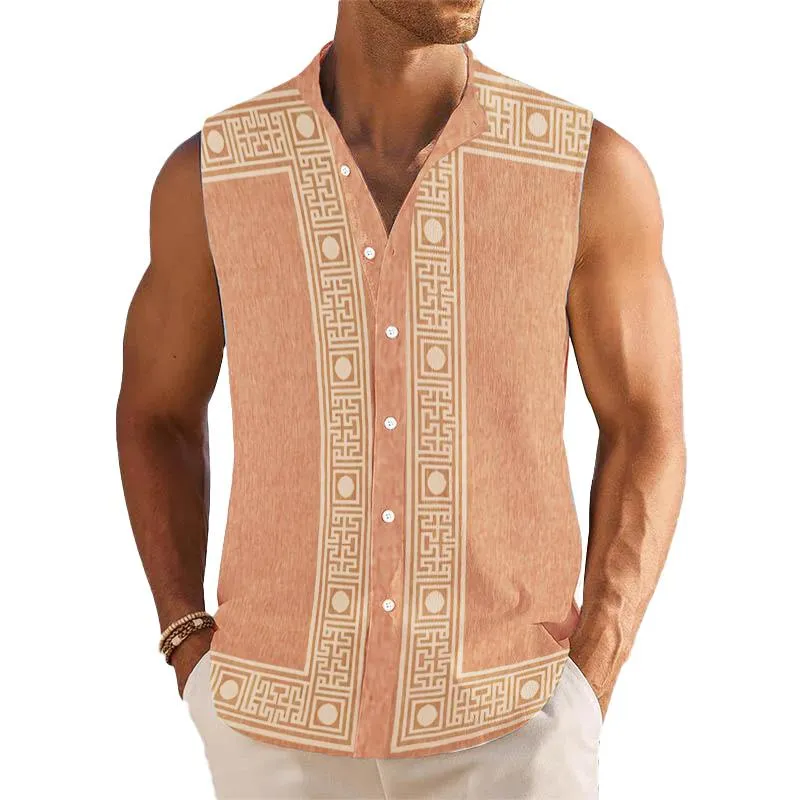 Men's Breathable Linen Lapel Beach Sleeveless Shirt 18316389YM