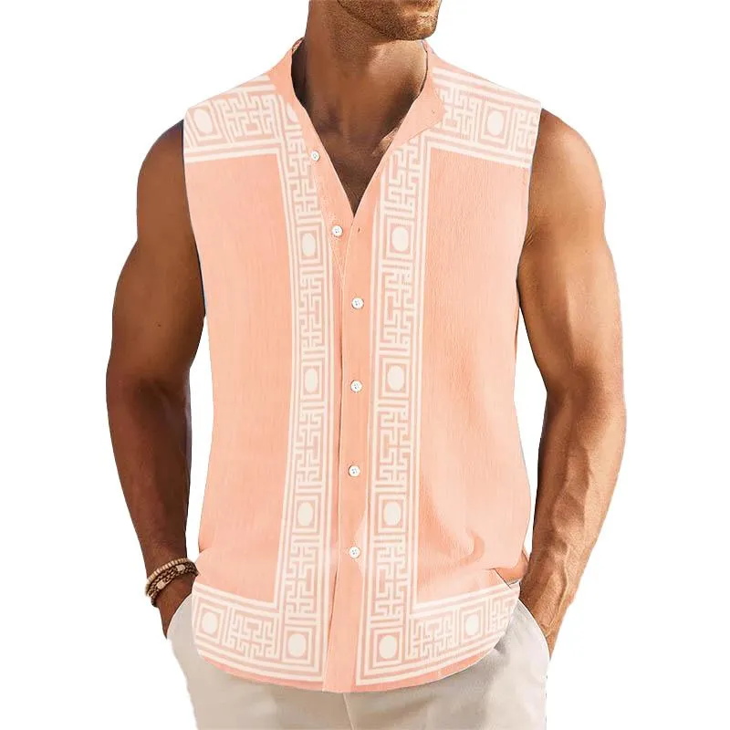 Men's Breathable Linen Lapel Beach Sleeveless Shirt 18316389YM