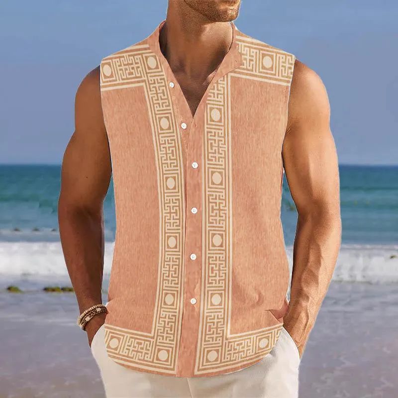 Men's Breathable Linen Lapel Beach Sleeveless Shirt 18316389YM