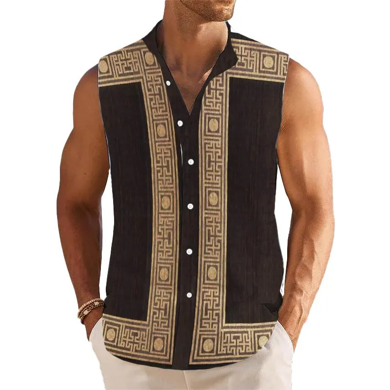 Men's Breathable Linen Lapel Beach Sleeveless Shirt 18316389YM