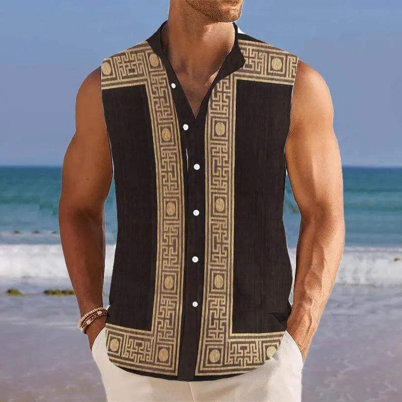 Men's Breathable Linen Lapel Beach Sleeveless Shirt 18316389YM