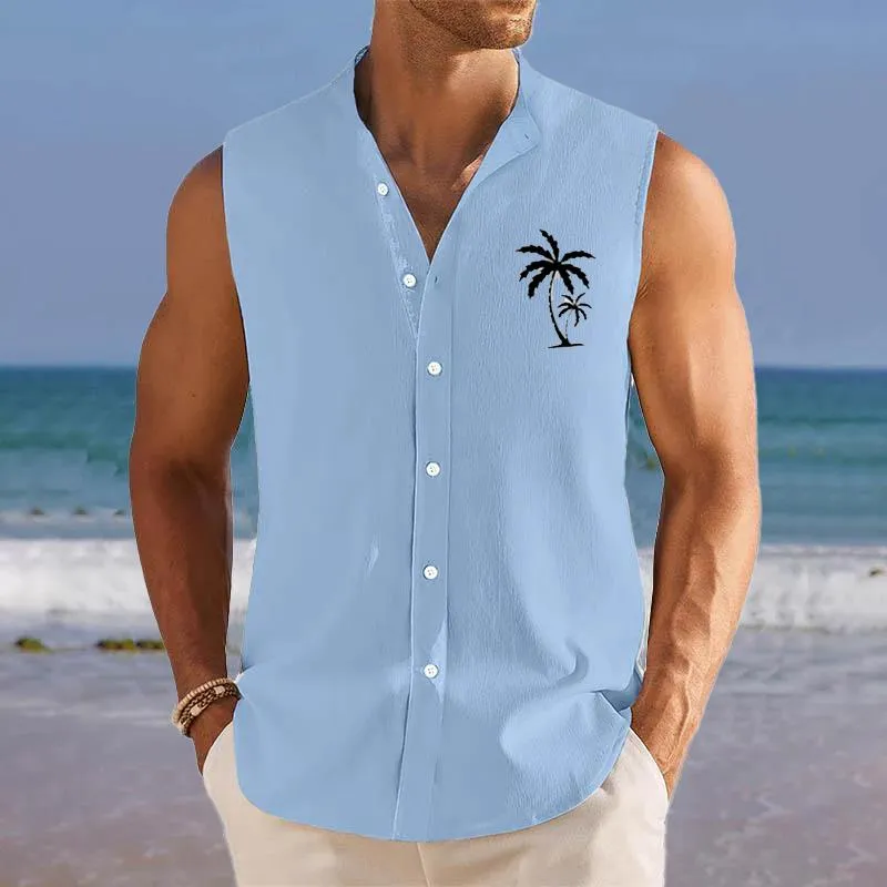 Men's Breathable Linen Lapel Beach Sleeveless Shirt 30141521YM