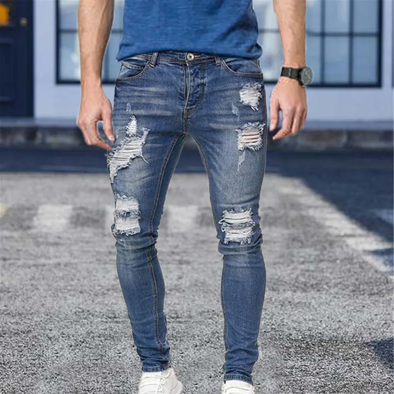 Men's Jeans Cotton Stretchy Ripped Skinny Hip Hop Hole Slim Fit Denim Pants - MJN0064