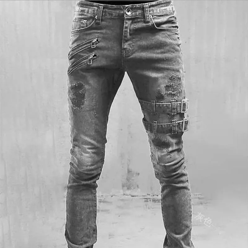 Men's Jeans Cotton Stretchy Ripped Skinny Hip Hop Hole Slim Fit Denim Pants - MJN0064