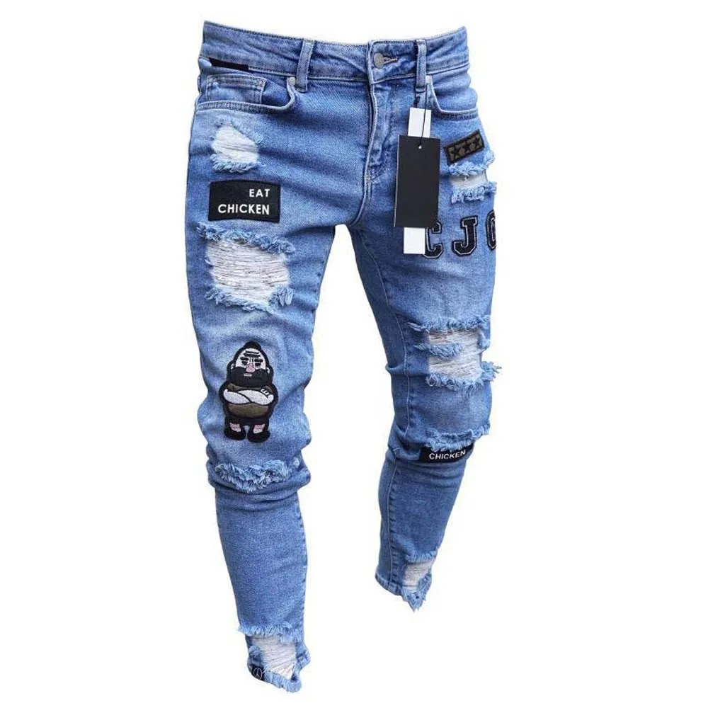 Men's Jeans Cotton Stretchy Ripped Skinny Hip Hop Hole Slim Fit Denim Pants - MJN0064