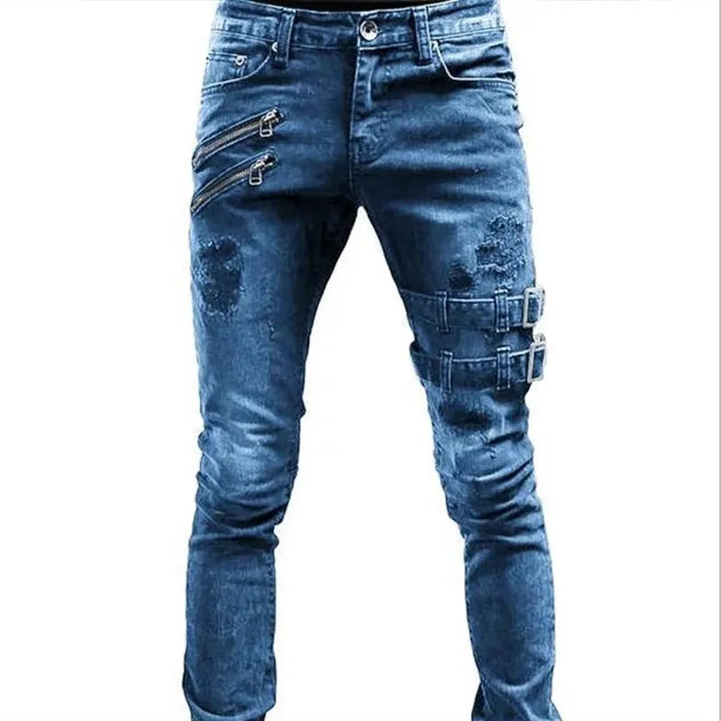 Men's Jeans Cotton Stretchy Ripped Skinny Hip Hop Hole Slim Fit Denim Pants - MJN0064