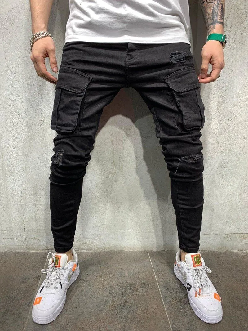 Men's Jeans Cotton Stretchy Ripped Skinny Hip Hop Hole Slim Fit Denim Pants - MJN0064