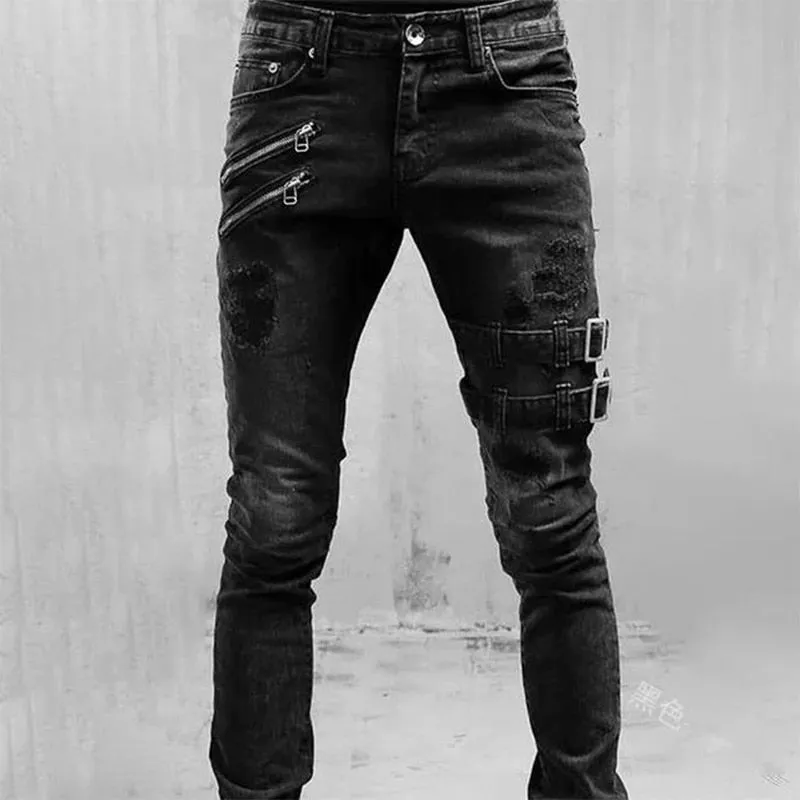 Men's Jeans Cotton Stretchy Ripped Skinny Hip Hop Hole Slim Fit Denim Pants - MJN0064