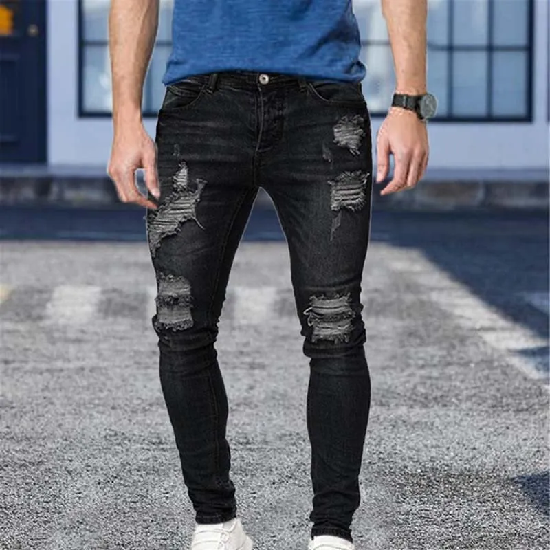 Men's Jeans Cotton Stretchy Ripped Skinny Hip Hop Hole Slim Fit Denim Pants - MJN0064