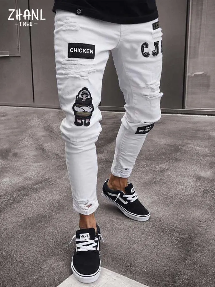 Men's Jeans Cotton Stretchy Ripped Skinny Hip Hop Hole Slim Fit Denim Pants - MJN0064