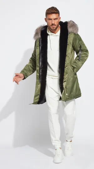 Mens Khaki Water-Repellent Luxy Fur Parka - 3/4 Silver Frost Fox