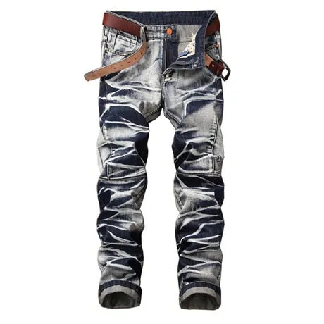 Men's New Motorcycle Jeans Pleated Holes Decorative Denim Pants Men Casual Jeans - MJN0065