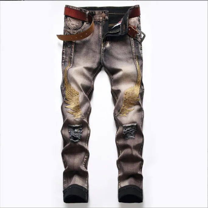 Men's New Motorcycle Jeans Pleated Holes Decorative Denim Pants Men Casual Jeans - MJN0065