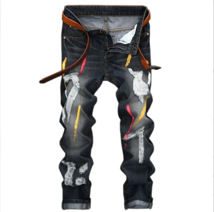 Men's New Motorcycle Jeans Pleated Holes Decorative Denim Pants Men Casual Jeans - MJN0065