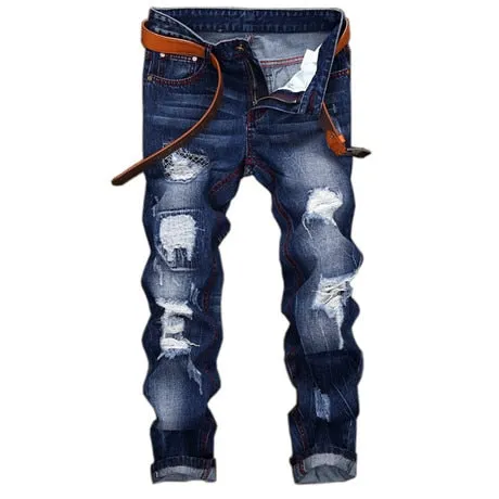 Men's New Motorcycle Jeans Pleated Holes Decorative Denim Pants Men Casual Jeans - MJN0065