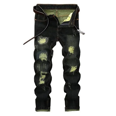 Men's New Motorcycle Jeans Pleated Holes Decorative Denim Pants Men Casual Jeans - MJN0065