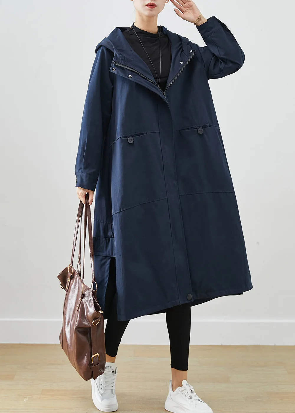 Natural Navy Oversized Pockets Cotton Trench Fall ML2414