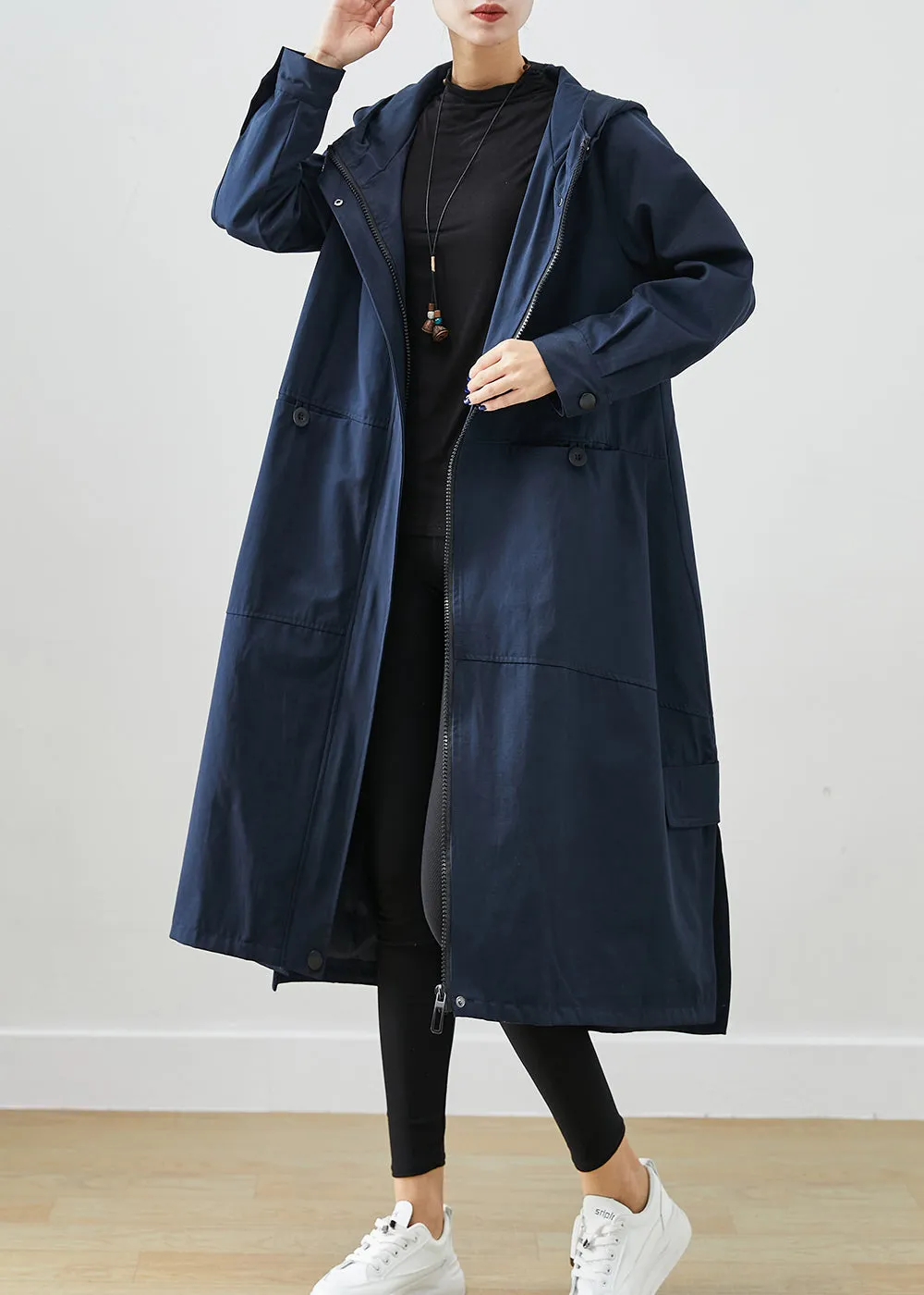 Natural Navy Oversized Pockets Cotton Trench Fall ML2414