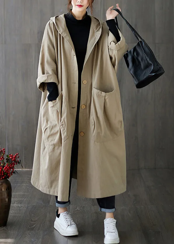 Plus Size Khaki Patchwork Button Long Hoodies Trench Coats Spring