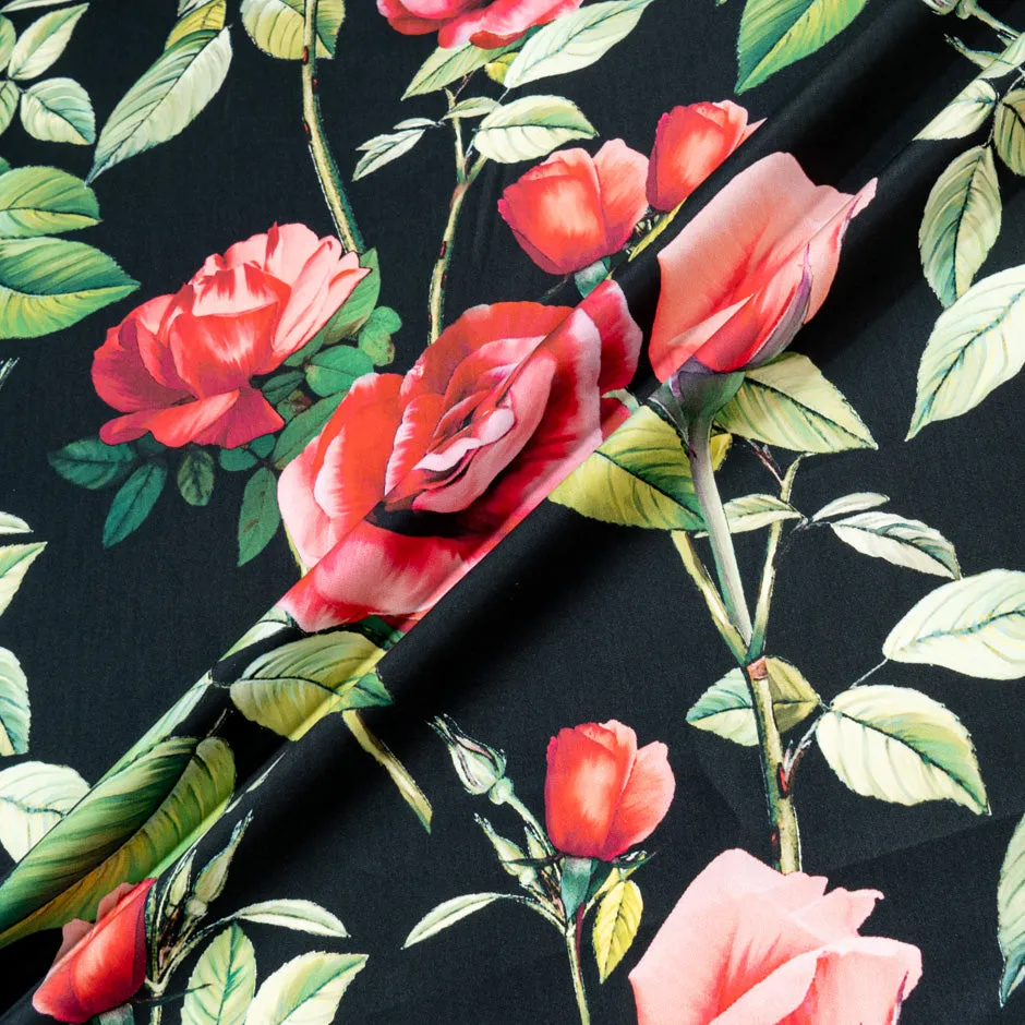 Red Rose Printed Black Pure Luxury Cotton