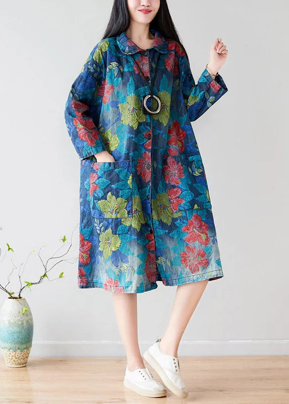 Style Green Peter Pan Collar Pockets Floral trench coats Spring