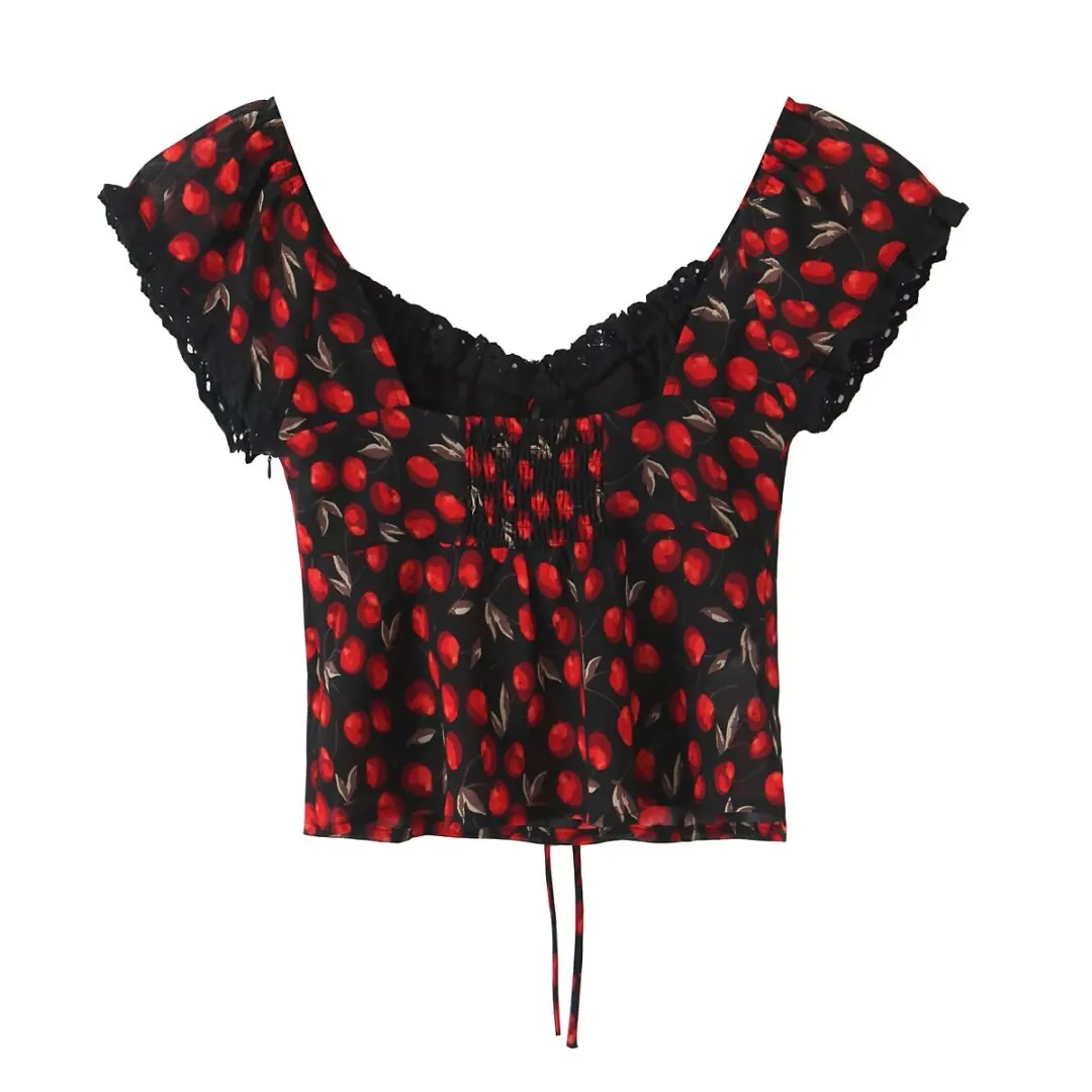 Summer Cherry Printed Sexy Drawstring Lace Lace Collar Short Small Shirt