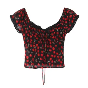 Summer Cherry Printed Sexy Drawstring Lace Lace Collar Short Small Shirt