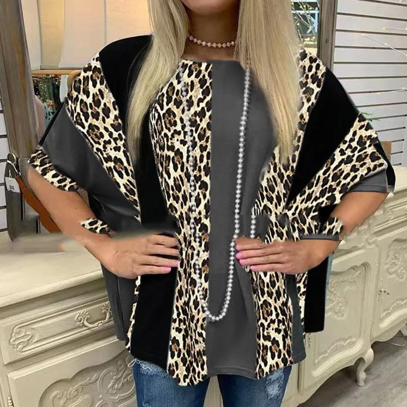 Turtleneck Round Neck Loose Leopard Print Short Sleeves