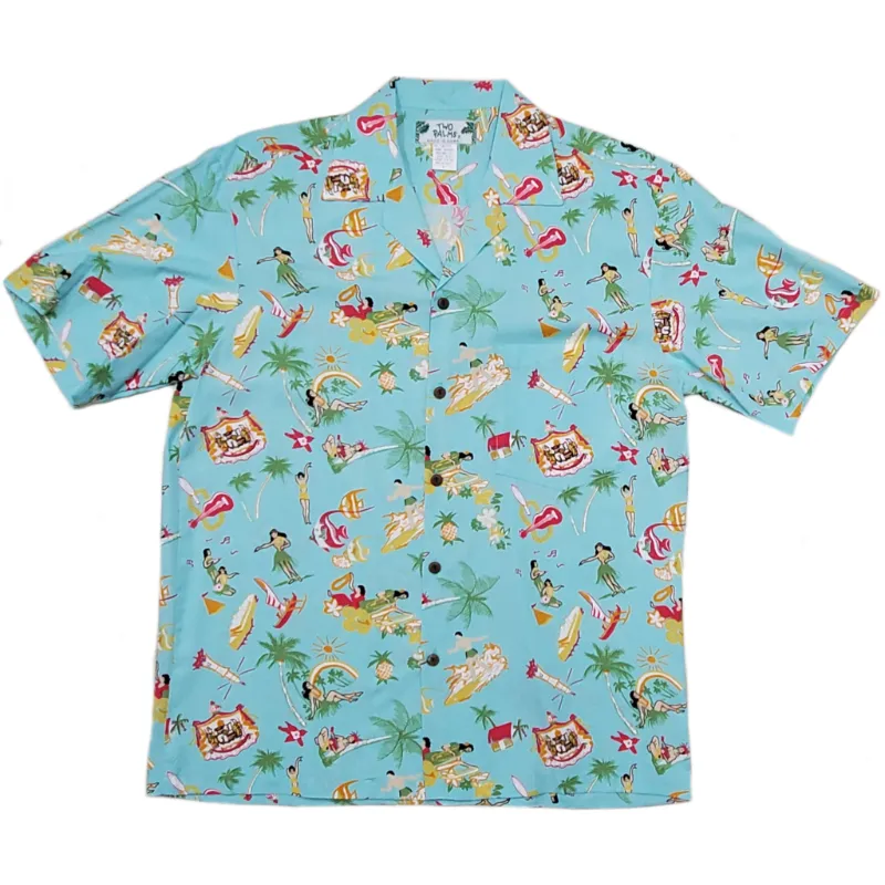 Vintage Inspired Print Hawaiian Aloha Aqua Shirt