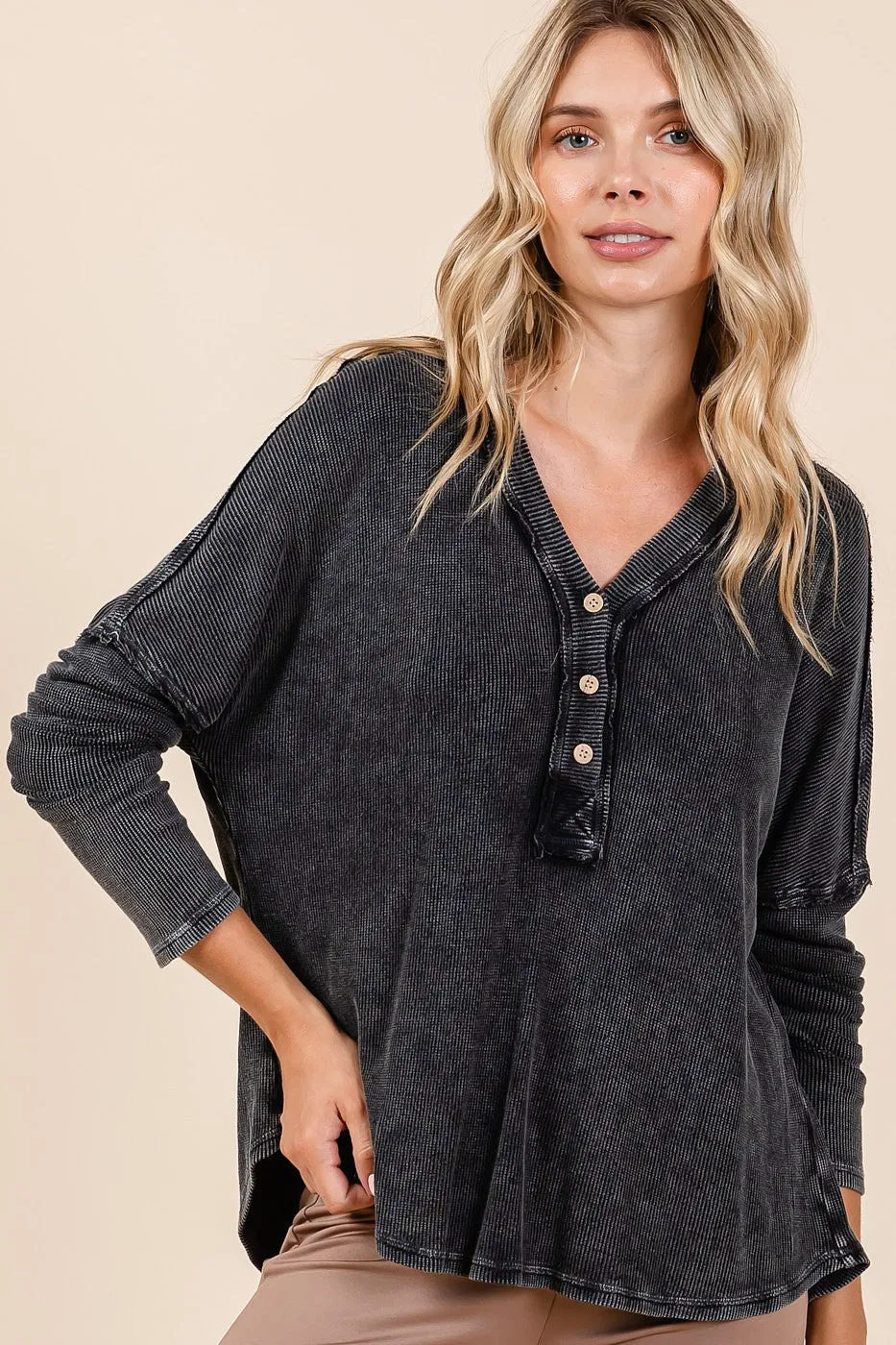 Washed V-Neck Long Sleeve Blouse