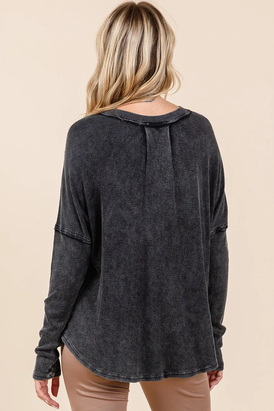 Washed V-Neck Long Sleeve Blouse