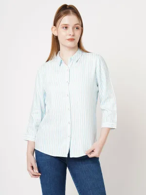 Women Slim Fit Sky/White Stripe Shirt