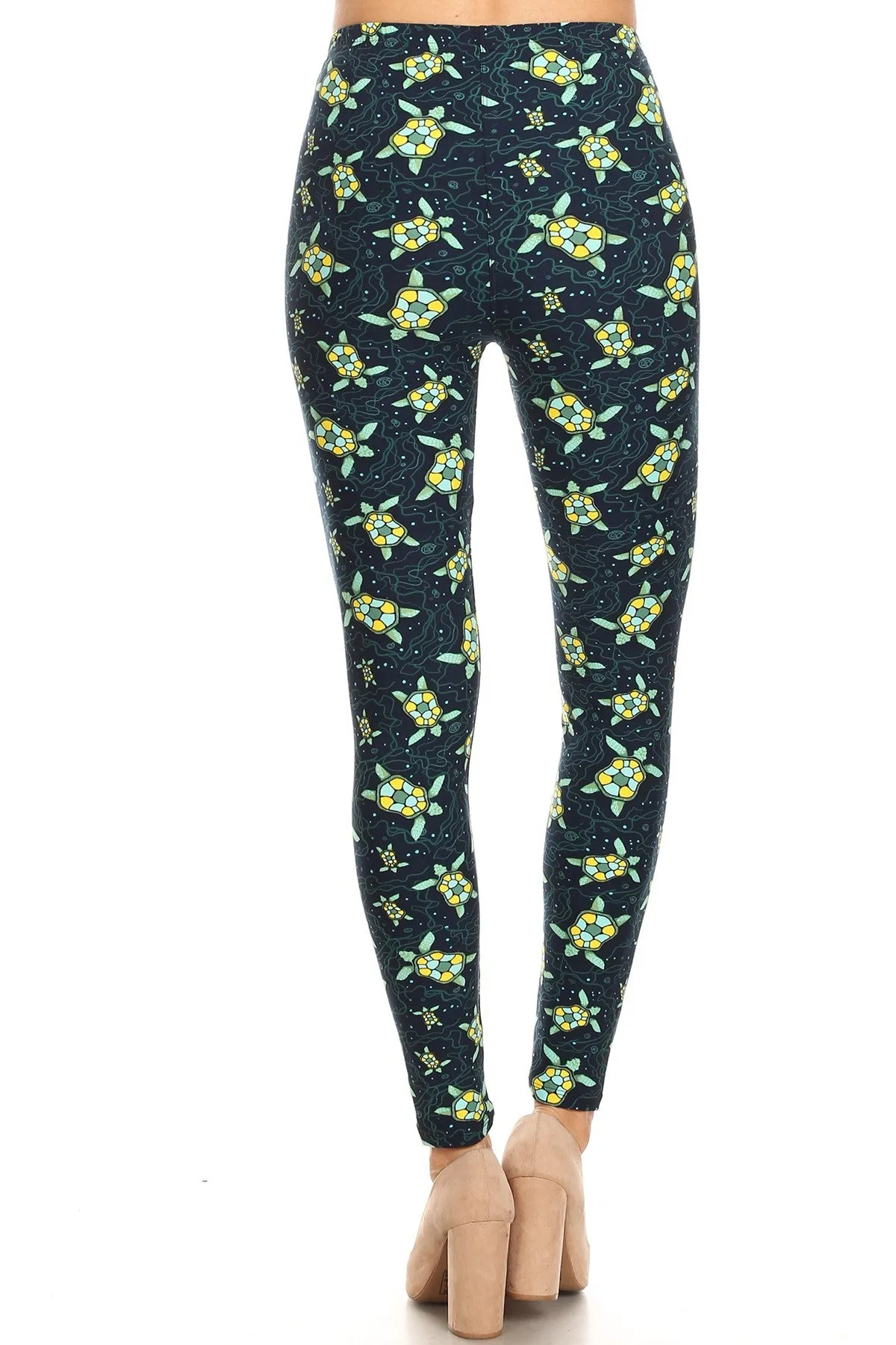 Women's 3 X 5X Sea Turtle Starfish Pattern Printed Leggings - Green Blue - One Size / Blue