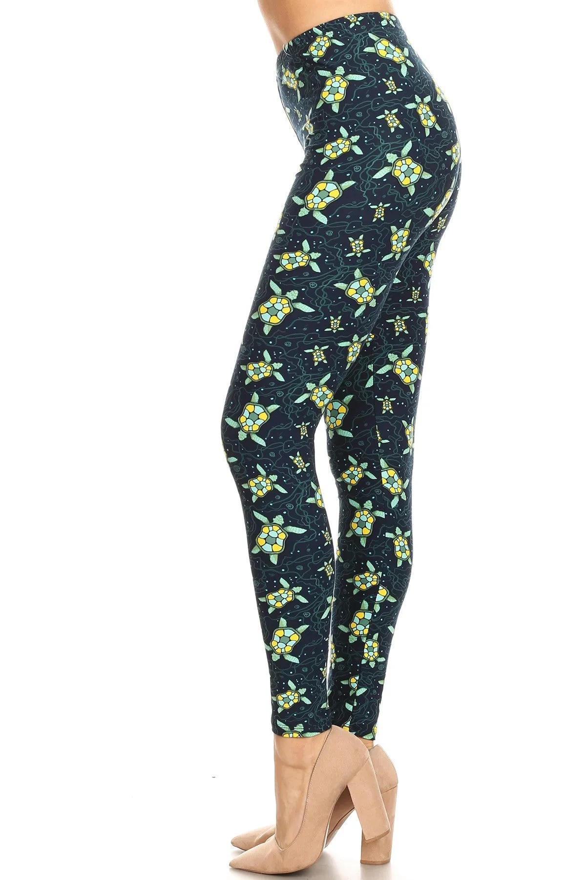 Women's 3 X 5X Sea Turtle Starfish Pattern Printed Leggings - Green Blue - One Size / Blue