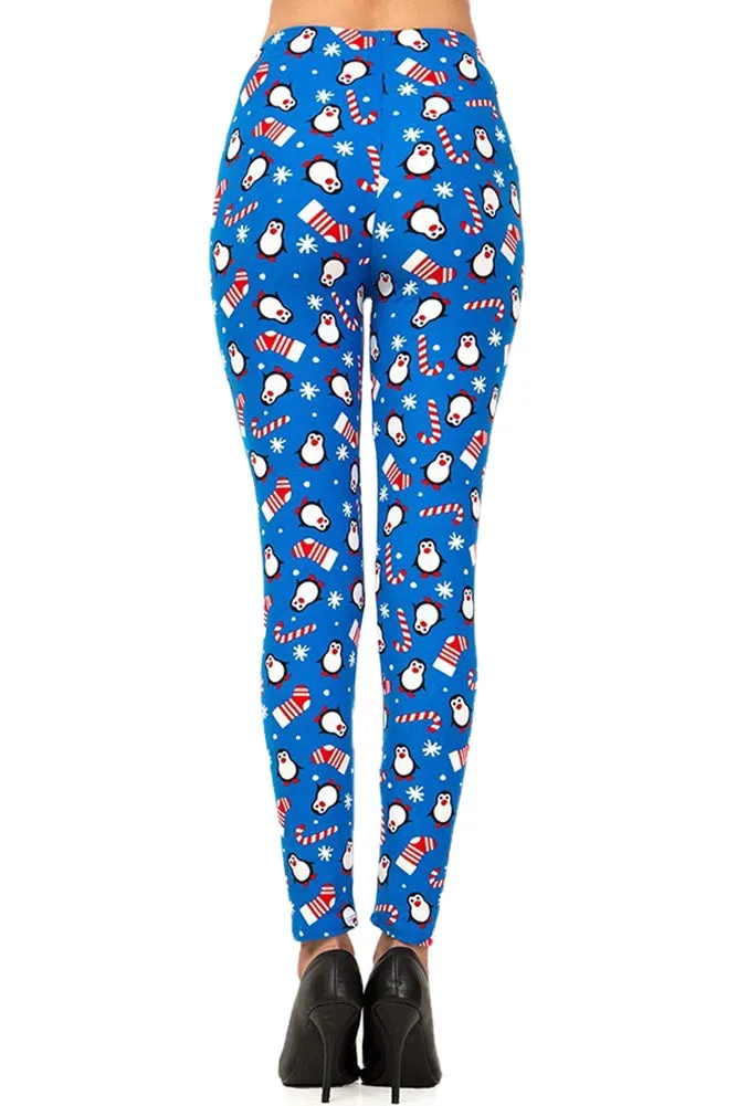 Women's 3X 5X Christmas Cane Penguin Pattern Print Leggings