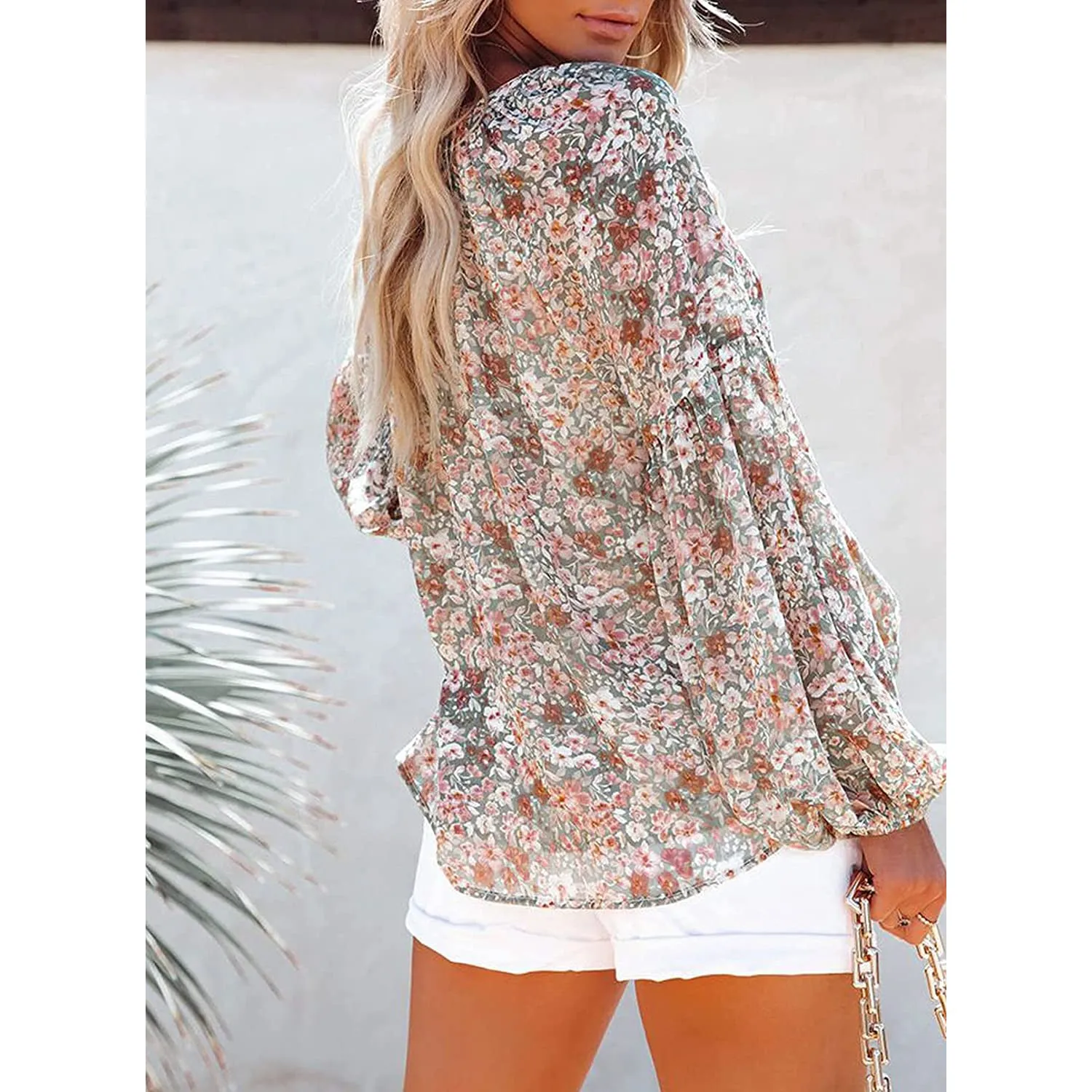 Womens Casual Boho Floral Print V Neck Long Sleeve Loose Blouse