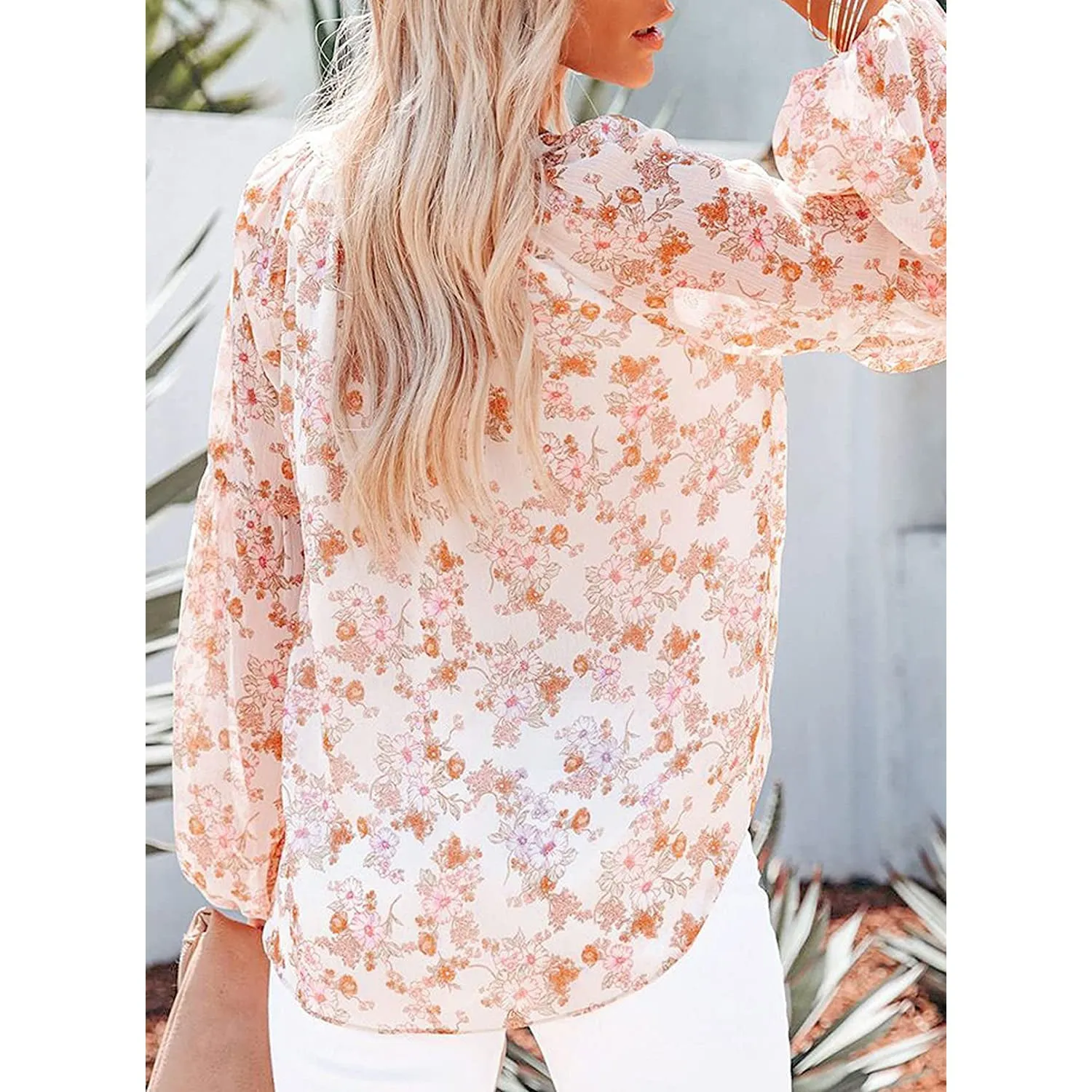 Womens Casual Boho Floral Print V Neck Long Sleeve Loose Blouse