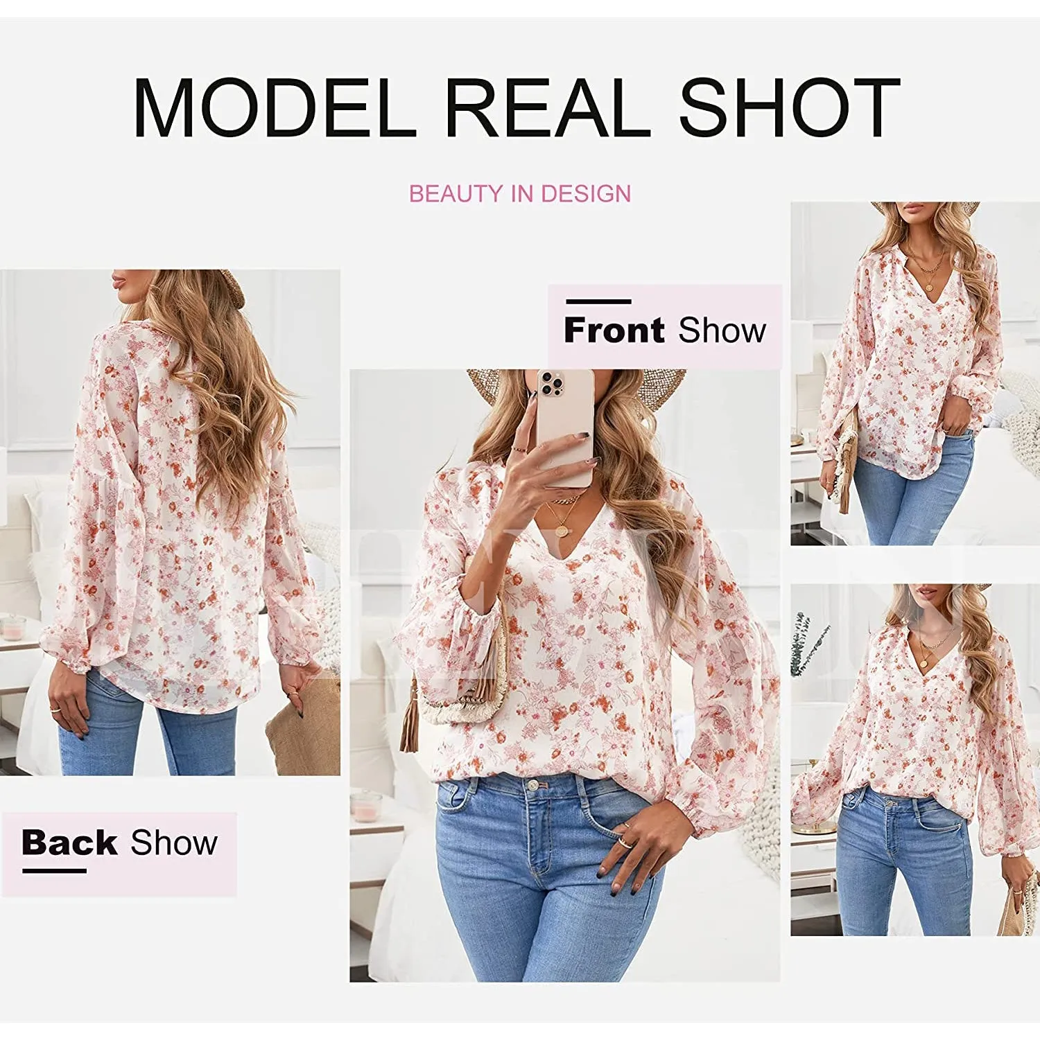 Womens Casual Boho Floral Print V Neck Long Sleeve Loose Blouse