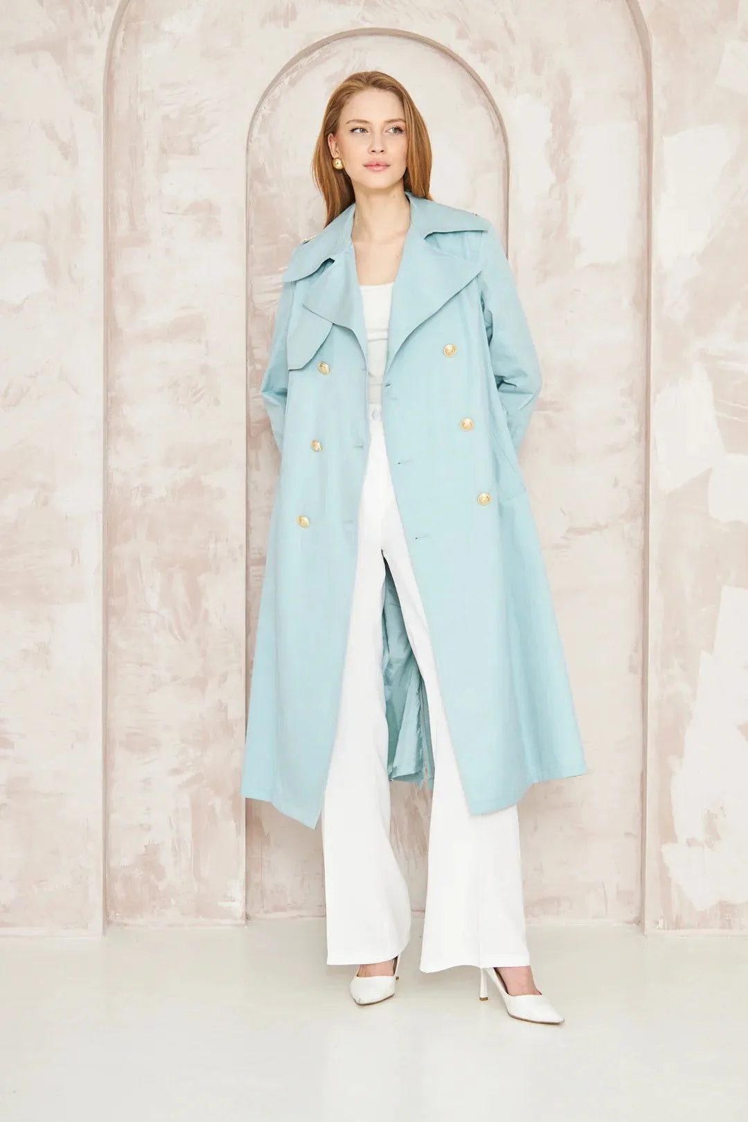 Women's Gold Button Chain Long Trench Coat Baby Blue - SCB-W12384