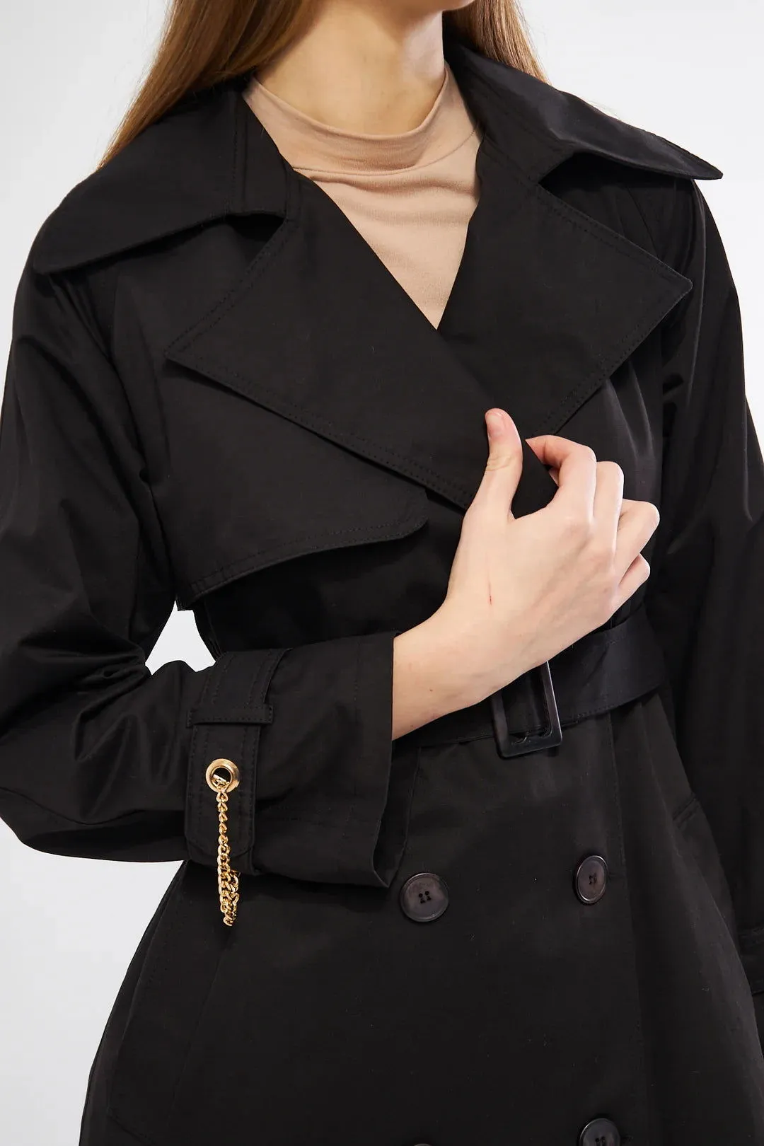 Women's Long Trench Coat with Chain Detail - Black - SCB-W12389