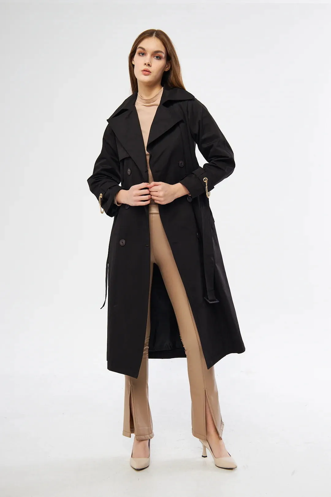 Women's Long Trench Coat with Chain Detail - Black - SCB-W12389