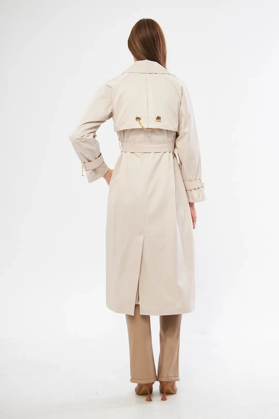 Women's Long Trench Coat with Chain Detail - Stone - SCB-W12385