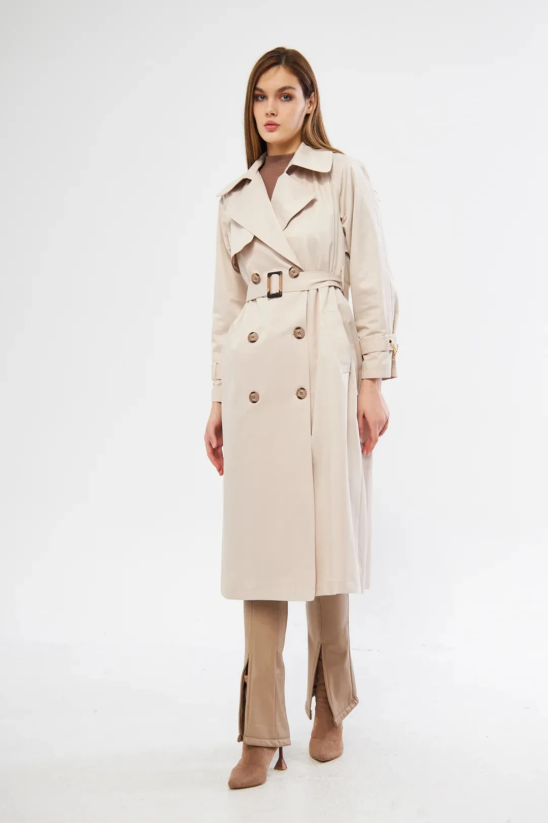 Women's Long Trench Coat with Chain Detail - Stone - SCB-W12385