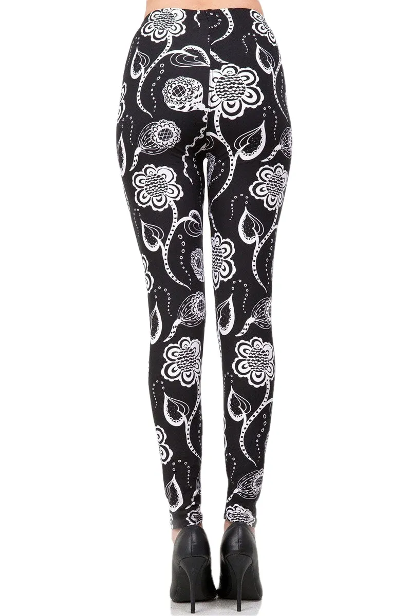 Women's Plus B&W Abstract Floral Pattern Printed Leggings