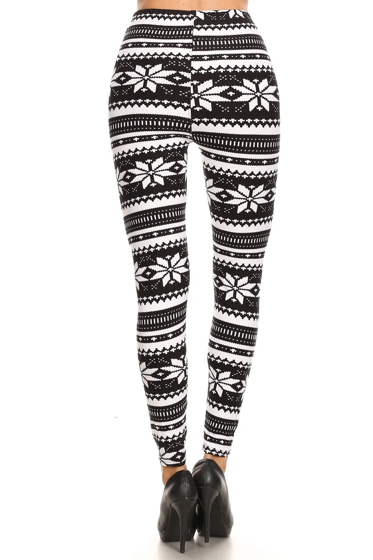 Women's Plus B&W Big Petal Fair Isle Pattern Printed Leggings