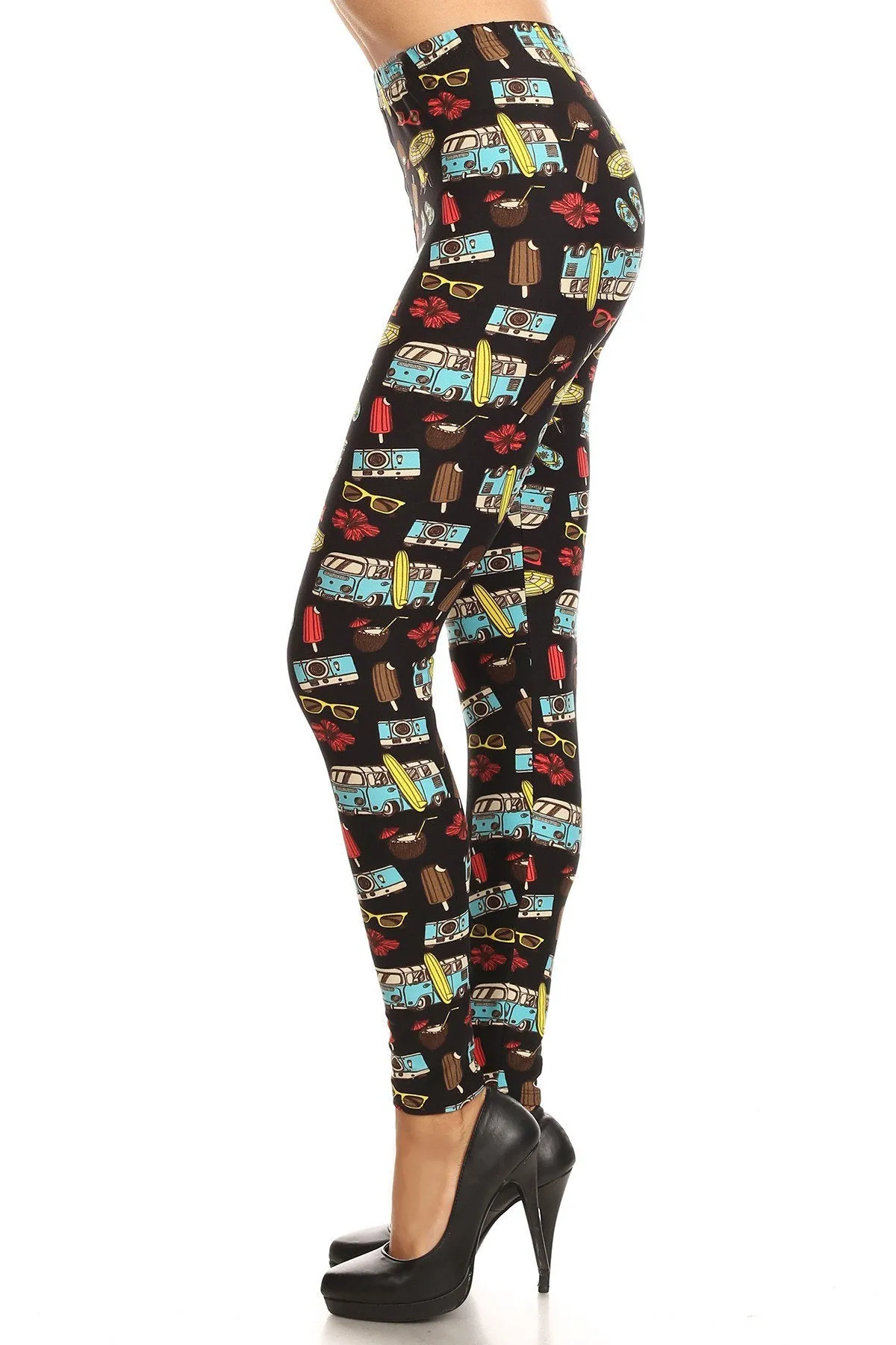 Women's Plus Beach Theme Mini Van Pattern Printed Leggings