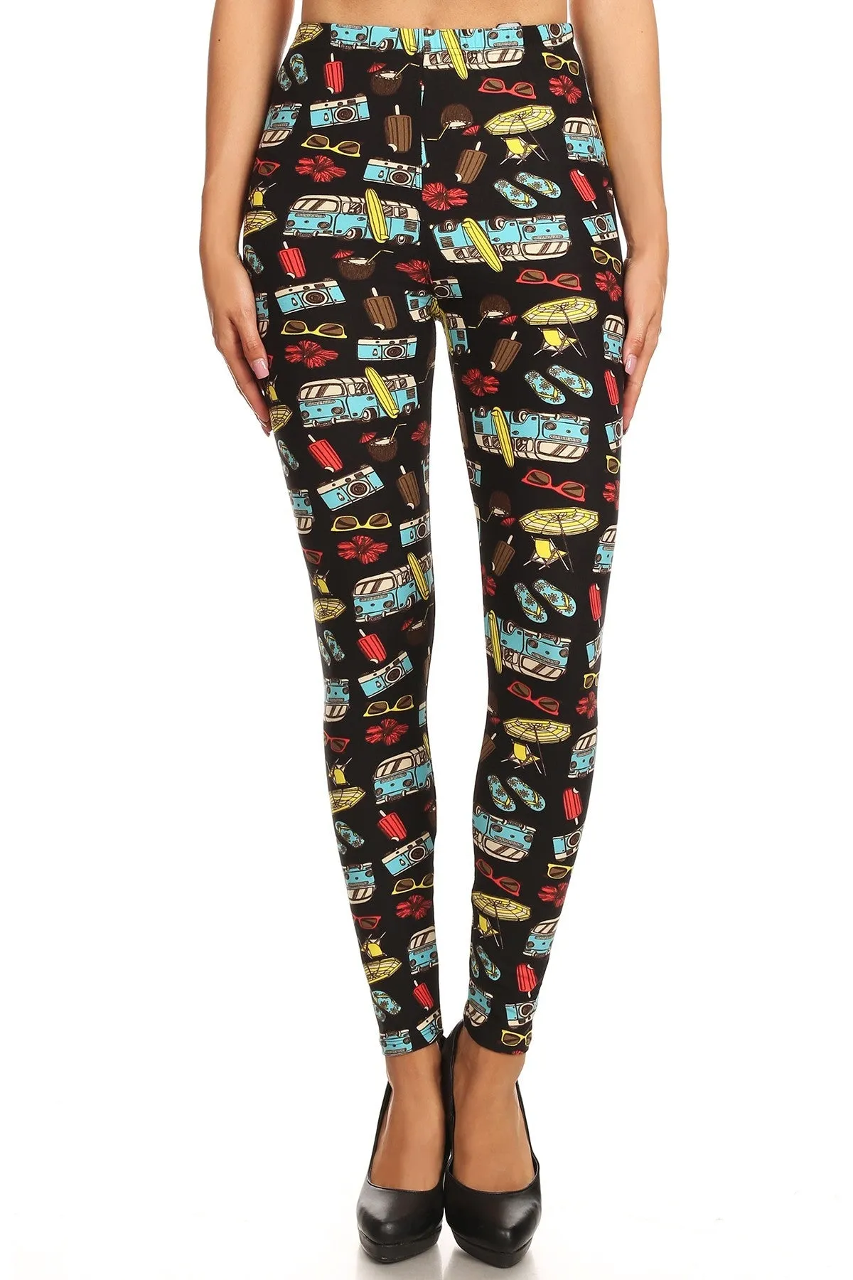 Women's Plus Beach Theme Mini Van Pattern Printed Leggings